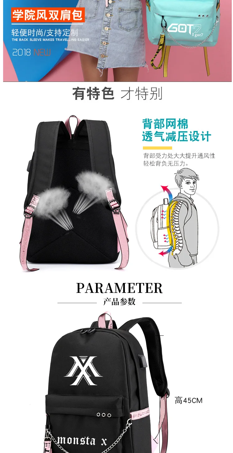 Love BlackPink Rose Lisa Fans USB Рюкзак Школьная Сумка Черный Розовый Mochila дорожные сумки рюкзак с цепочкой для ноутбука USB порт для наушников