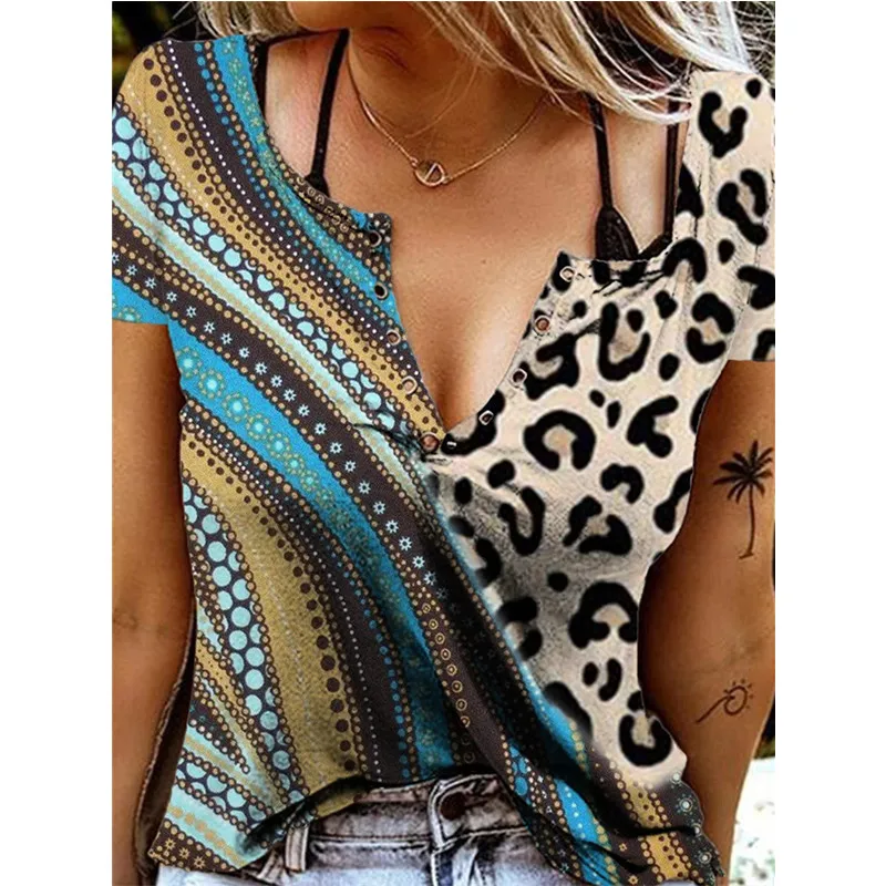 

Summer 2021 New Women's Fashion Sexy V-Neck Floral Leopard Print Irregular Loose Irregular Short-Sleeved Urban Casual T-Shirt