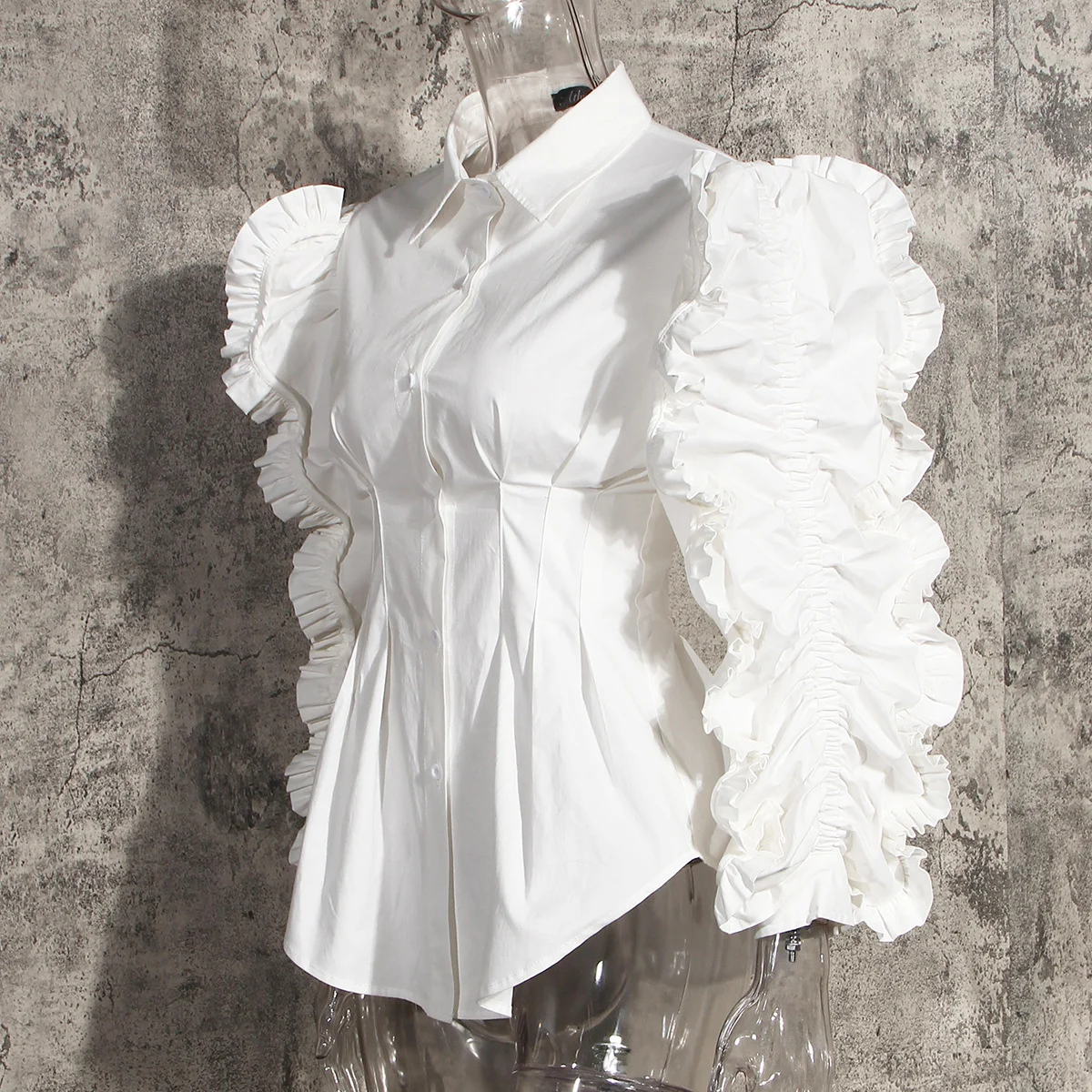 

DEAT 2021 new spring and autumn fashion turn-down collar pleasted spliced single breasted high waist shirt female top