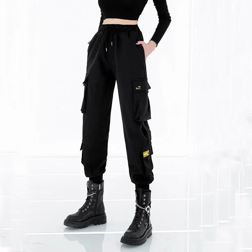 

Ladies Hip Hop Black Cargo Pants Jogger Sweatpants Workwear Ladies Ribbon Streetwear Harem Pants Women Fashion Pants