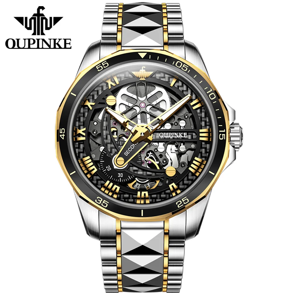 

OUPINKE Automatic Watch Men Sapphire Glass Skeleton Menchanical Wristwatch Men Steampunk Tunsten Steel Business Luxury Watch