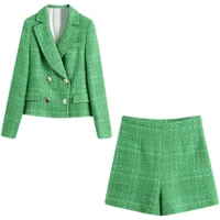 high quality ladies suit shorts office 2 piece set 2022 spring and autumn plaid green elegant long sleeved jacket slim shorts