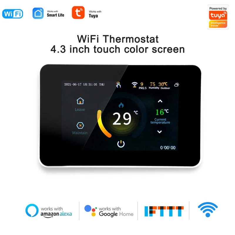 

Tuya WiFi Programmable Water Gas Boiler Heating Thermostat Smart Touch Color Screen PM2.5 Weather Forecast Echo Google Home 2021