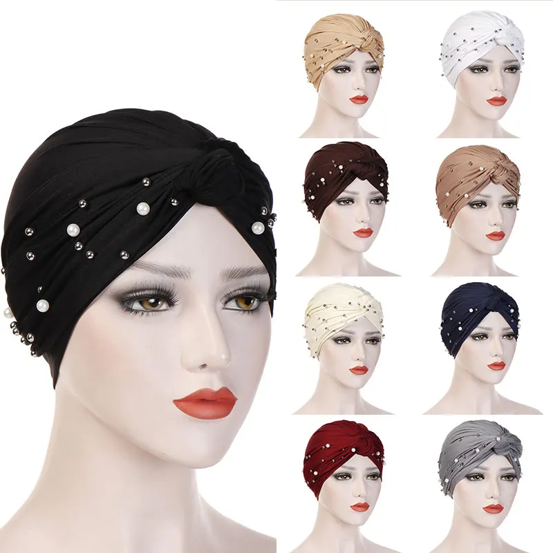 

New Fashion Muslim Hijab Beaded Head Wrap Cover Scarf Indian Hat Women Knot Chemo Cap Elastic Turban Hat Casual Bonnet Hot Sale