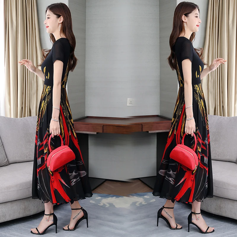 

2019 Summer New Arrival Hot Sale Round Collar Flower Printed Short Sleeve Woman Chiffon Long Dress