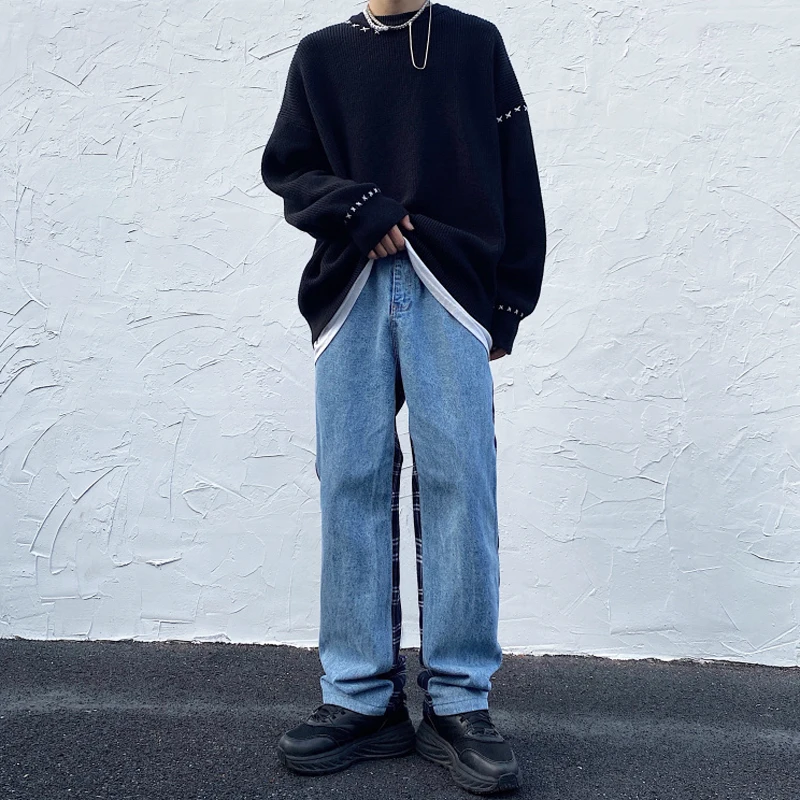 

Джинсы женские, потертые, винтажные, в клетку, с высокой талией и широкими штанинами