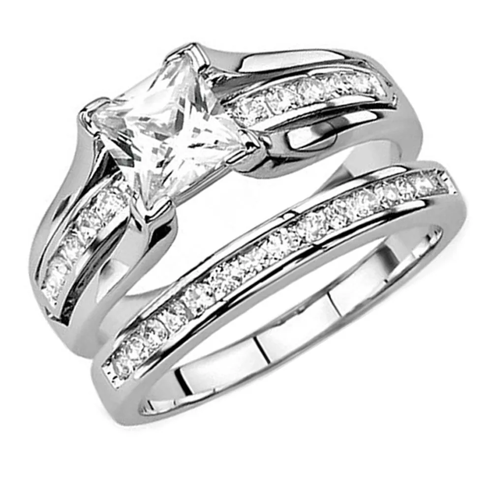 

Trendy Stainless Steel Princess Cut AAA CZ Cubic Zirconia Ring Set For Women Fashion Engagement Wedding Girls Rings Set