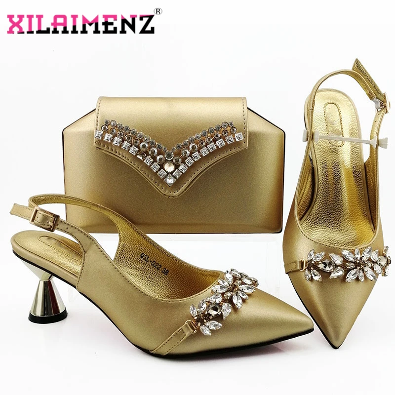 

2020 Spring New Arrivals Nigerian Golden Shoes And Bag To Match Set Nigerian High Heels Party Shoes And Bag Set For Wedding