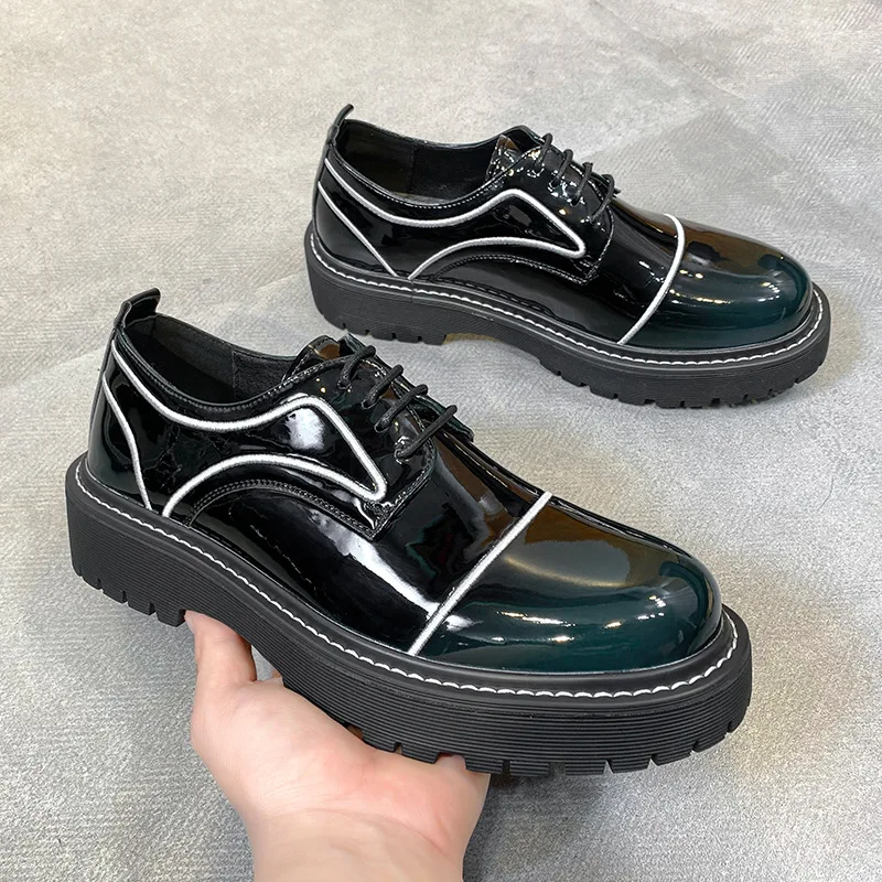 

mens luxury fashion punk hip hop dress platform shoes black green patent leather shoe designer oxfords young gentleman footwear