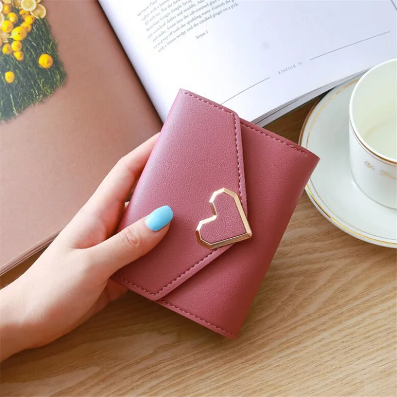 

PU Leather Women Wallet Card Holder Girls Casual Leather Purses Cute Heart Pattern Clutch Bag Korean Small Fresh Short Wallet