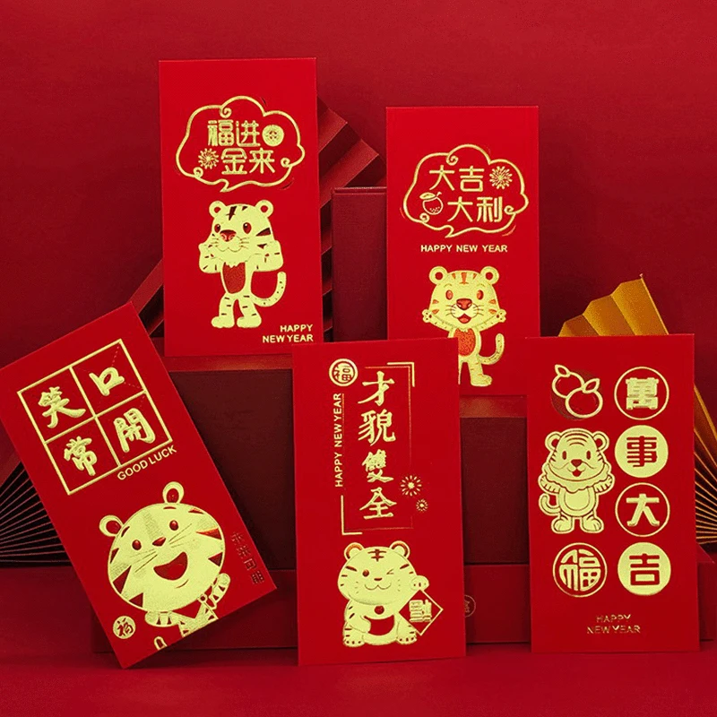 6 paquetes de tigre de dibujos animados creativos engrosados, sobres rojos del...
