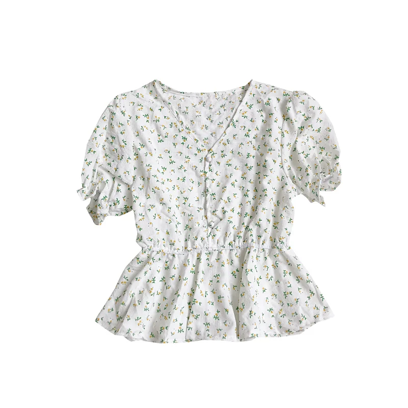 

Fitaylor Summer New Women Sweet V-neck Floral Puff Sleeve Short Shirts Tops Casual Single Breasted Ruffles High Waist Shirts