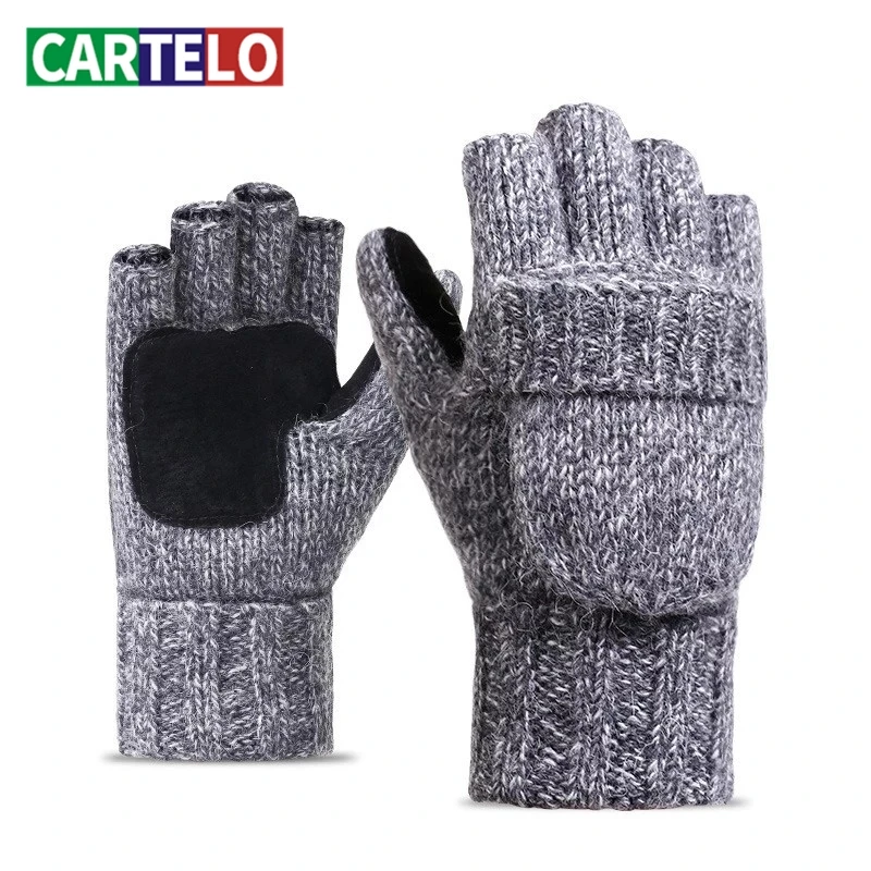 

CARTELO Wool knitted gloves half-finger clamshell men and women winter of wool and velvet thick leather warm outdoor riding