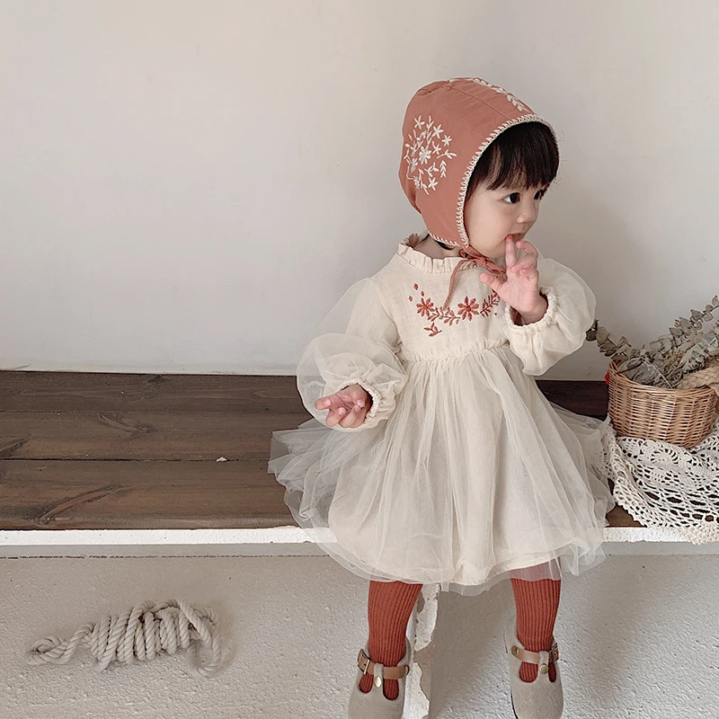 Винтажные Детские платья с цветочной вышивкой и длинными рукавами для девочек
