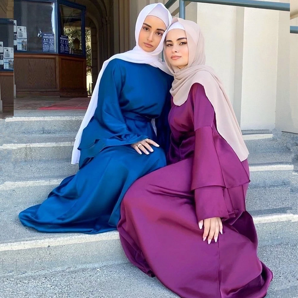 Рамадан ИД Мубарак мусульманские модные атласные платья для женщин Abaya Дубай Турция исламский хиджаб платья Длинные платья