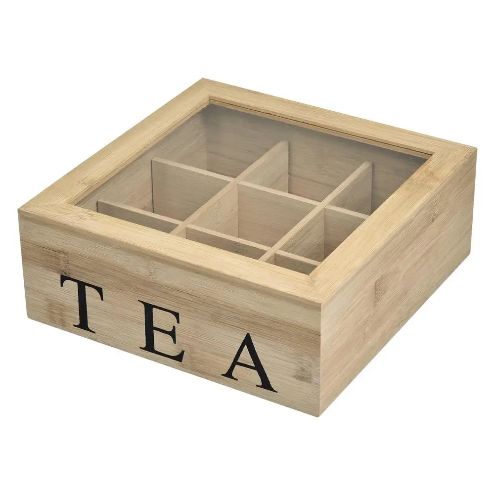 

Natural Wooden Tea Box With Lid 9-Compartment Coffee Tea Bag Storage Holder Sugar Organizer For Kitchen Cabinets