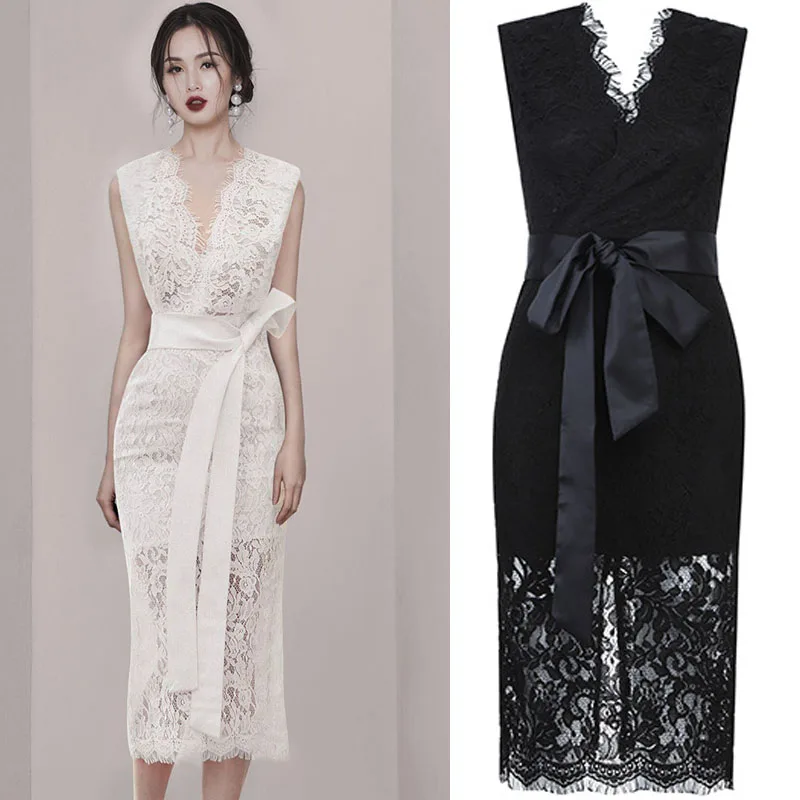Пикантные черный белый цвет и кружевами кроше Вечерние Платье женское платье без