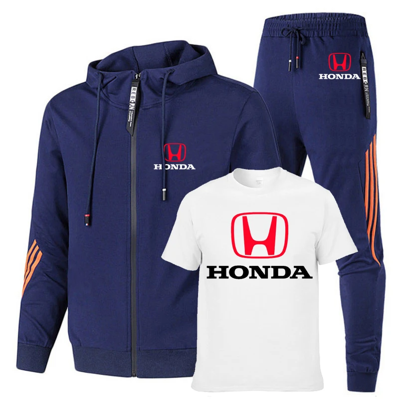 

2021 Honda Motor LOGO Sports Casual Hoodie Printed Cotton Striped Zipper Suit and Jogging Pants Men's 3-piece Set