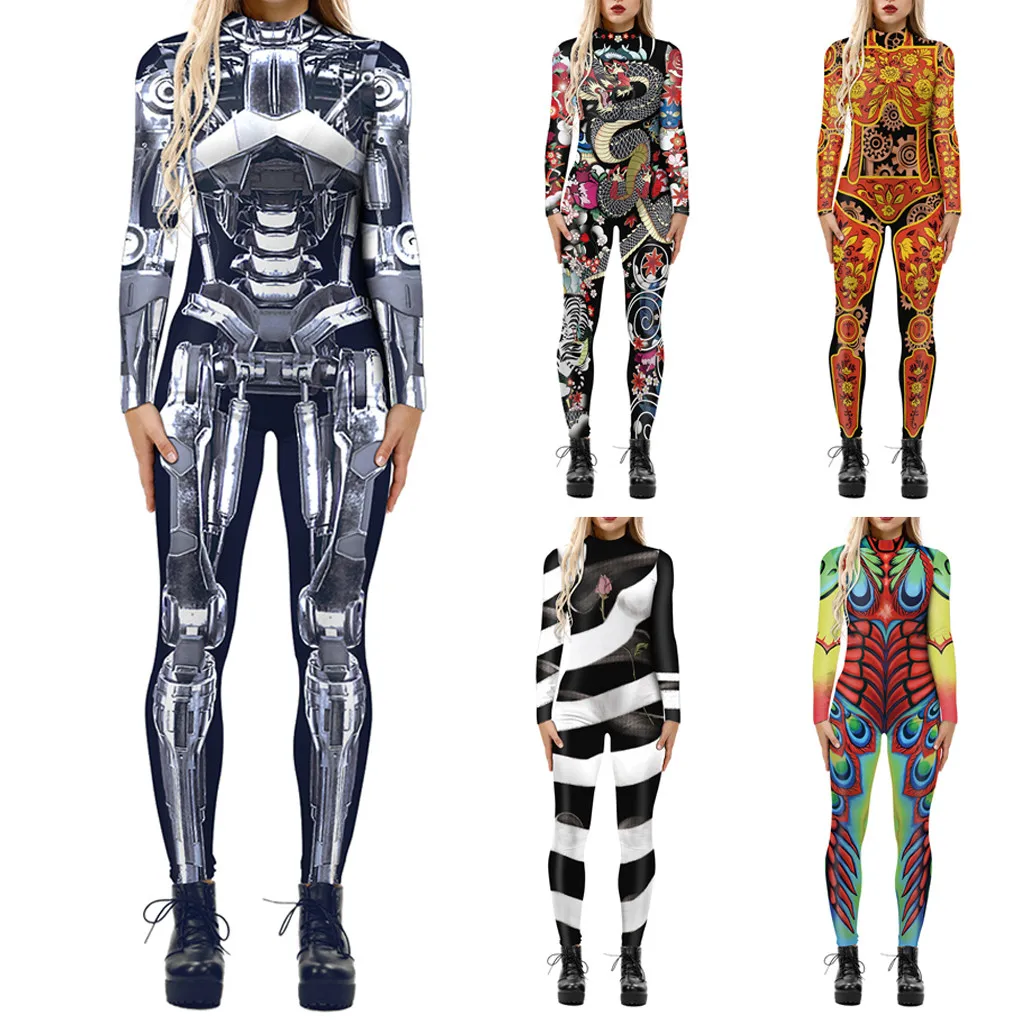 Хэллоуин страшный косплей костюмы для женщин длинный рукав тонкий комбинезон