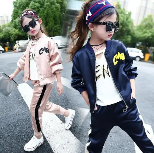 Осенний Повседневный Спортивный костюм для девочек комплект детской одежды