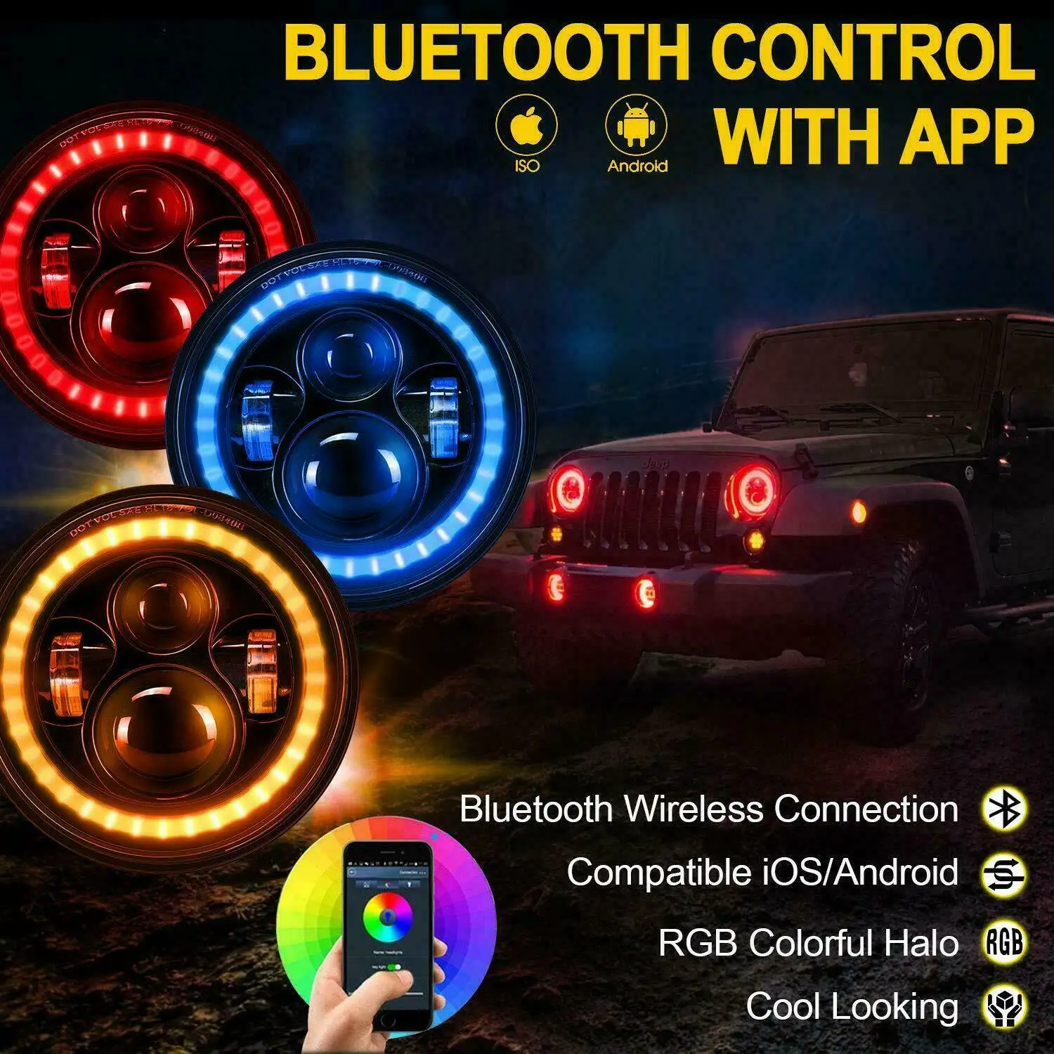 Для Jeep Wrangler JK TJ LJ Halo RGB 7 светодиодный ные фары Ближний/Дальний свет DRL Bluetooth