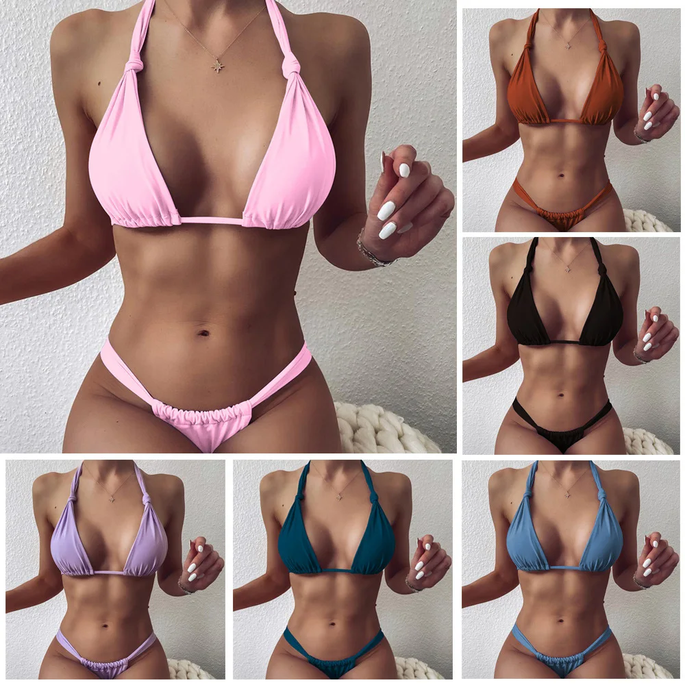 

Drawstring Sexy Bikini Set Halter Women's 2 piece Swimsuit Bowknot Top Thong Bikini Swimsuit Low Waist Women's Swimsuit 2021