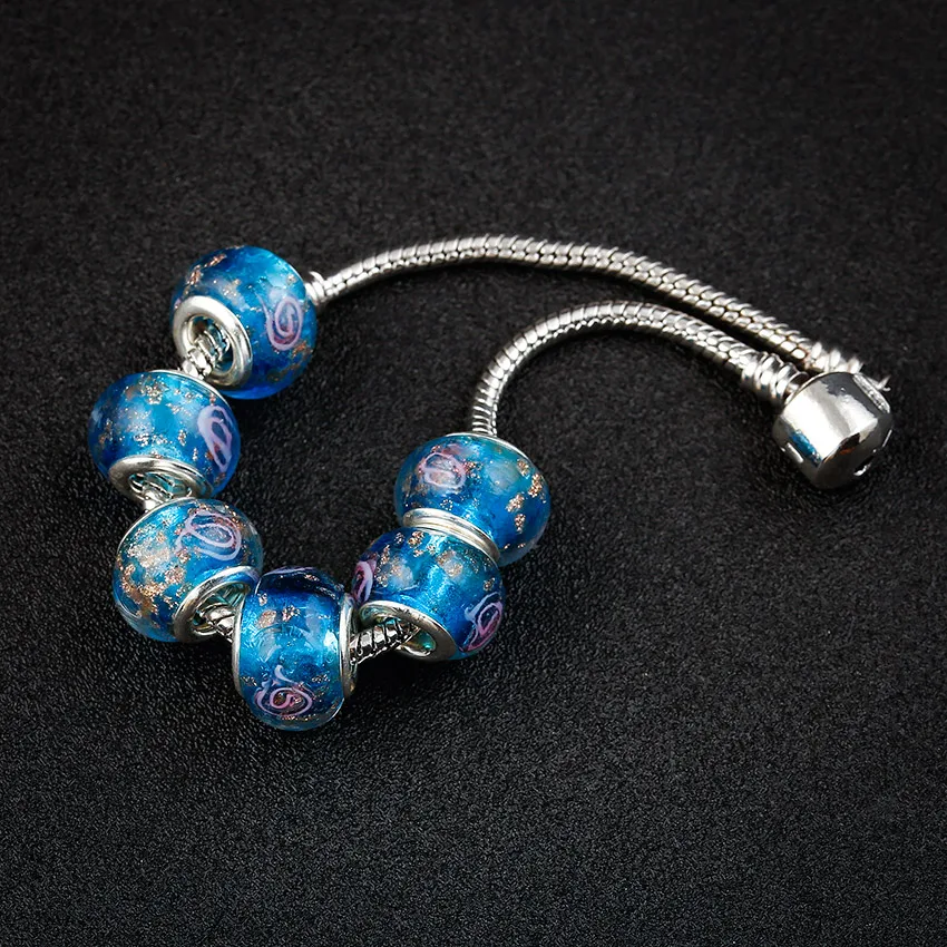 

10pcs a lot Sea blue flower Round Glass Beads Fit For Pandora Charms Bracelet Big Hole Bead DIY European Murano jewelry making