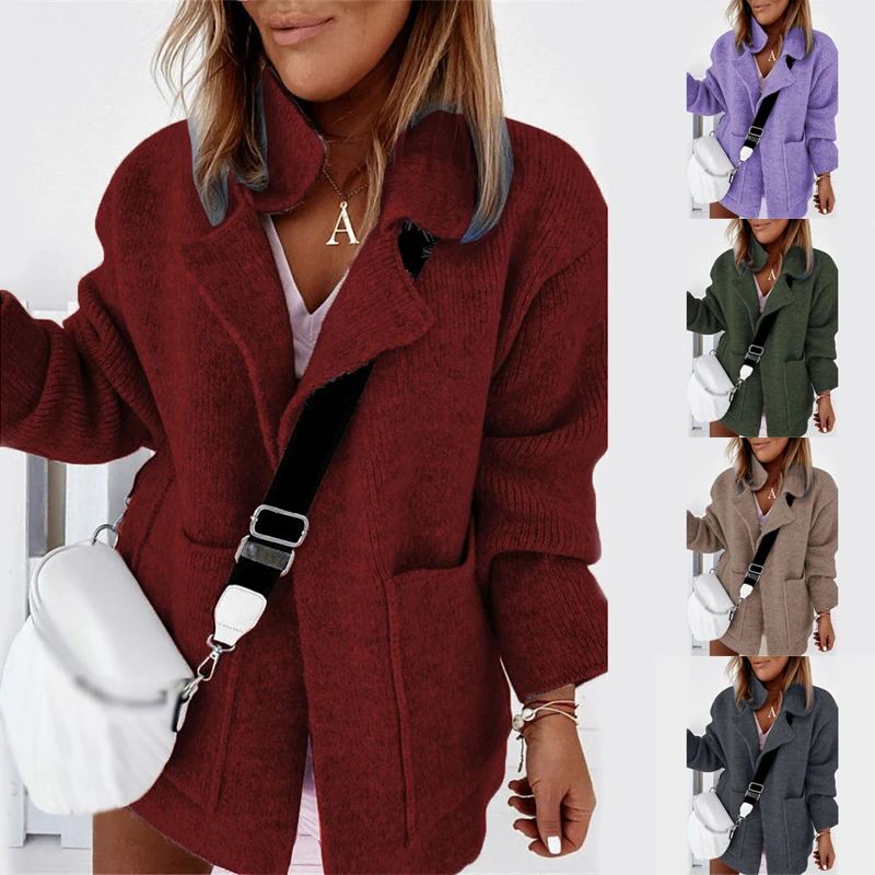 

Women Big Pocket Loose Knitted Sweater Autumn Solid Long Sleeve Female Sweaters Winter Thick Turn-Down Collar Tops Cardigan