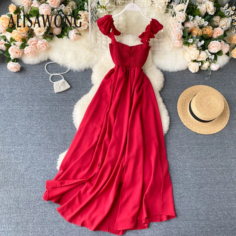 Summer Dress 2020 Fashion New Women Ruffle Layer Spaghetti Strap High Waist Long Rode Ladies Hem Slit Sexy Slim Dresses Vestidos | Женская
