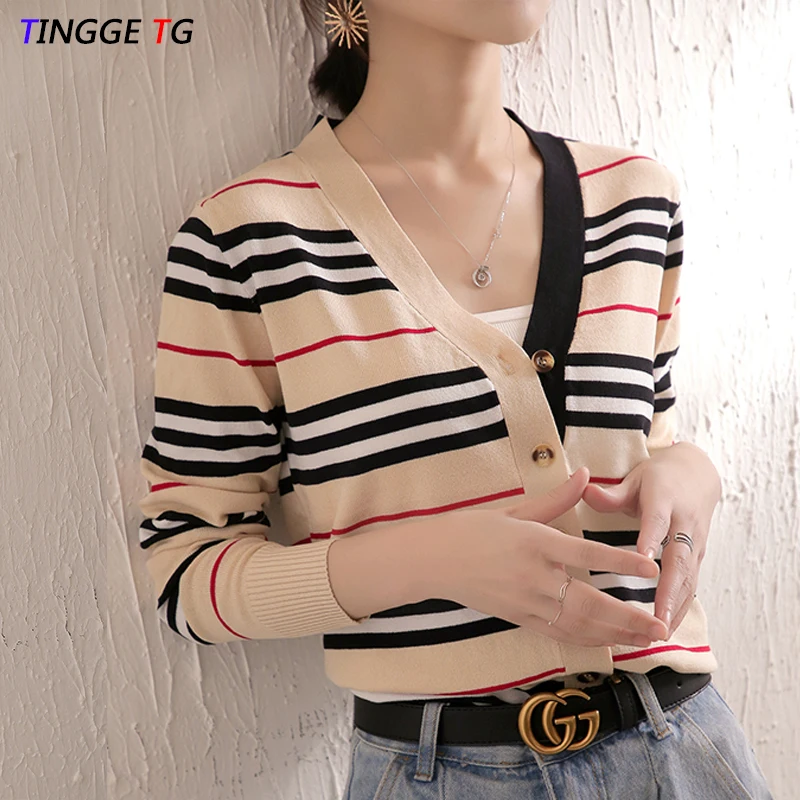 

2021 Spring and Autumn Women's Fresh Striped Button Long Sleeve Shirt Knitted Women's Cardigan Coat Tops clothes female