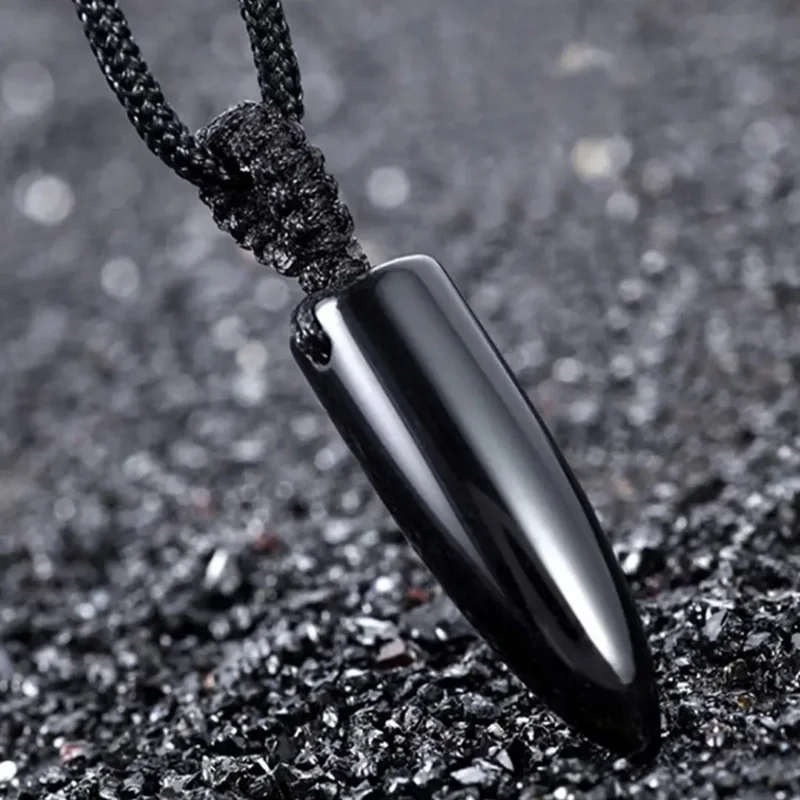 Натуральный обсидиановый кулон в виде пули веревка Модный стиле панк рок мужские