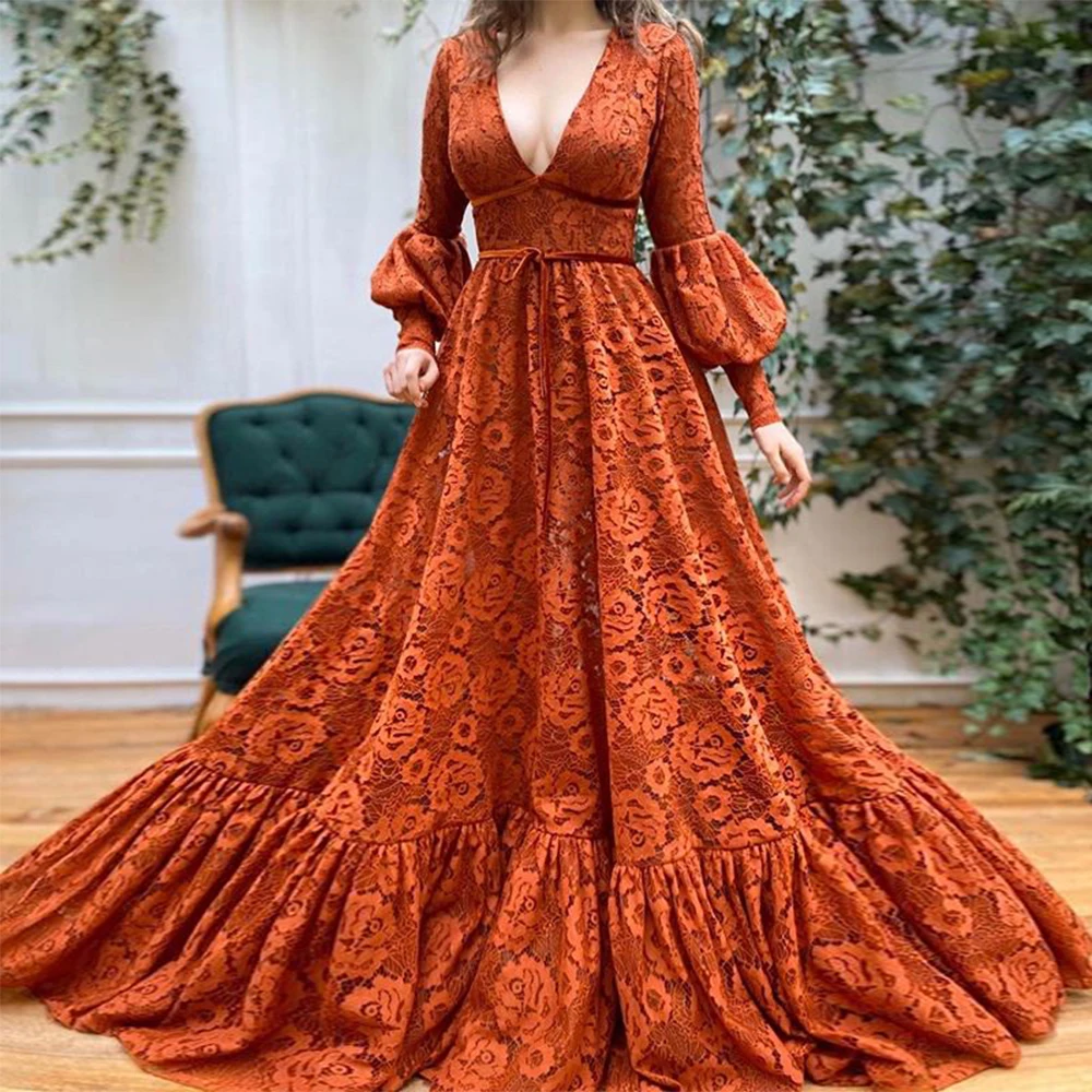 

High Quality Charming Lady Party Dress Lace Deep V-Neck Applique Ribbons Ruffles Sexy Evening Dress