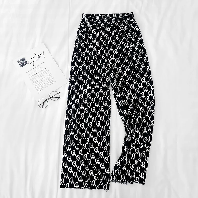 

Ice Silk Wide-leg Pants Women's Summer High Waist Drape Straight Loose and Thin Plaid 2021 New Beamed Casual Pants
