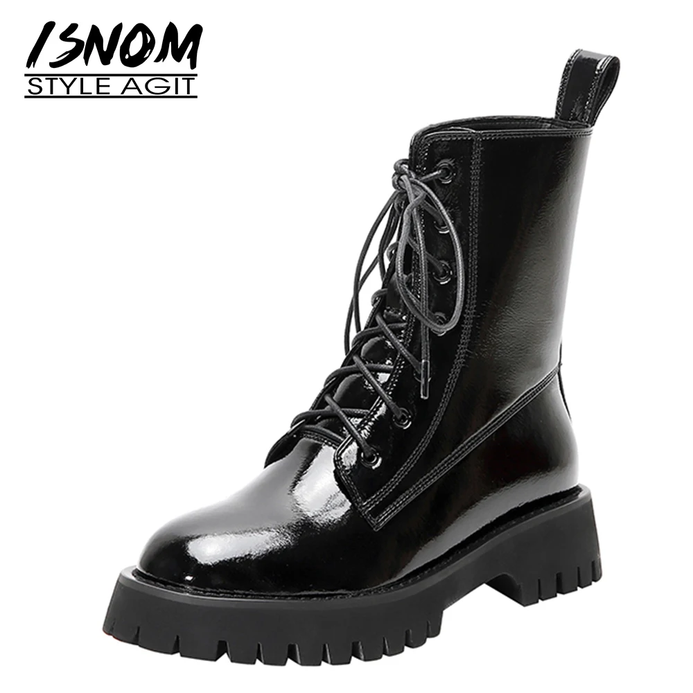 

ISNOM New Lace Up Ankle Boots Patent Leather Shoes Woman Flat Booties Cross Tied Platform Cow Leather Boot Female Round Toe Shoe