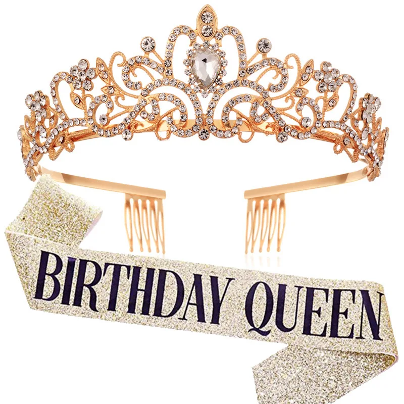 

Birthday Queen Sash and Rhinestone Crown Set Party Supplies Gift Hair Accessories Headwear