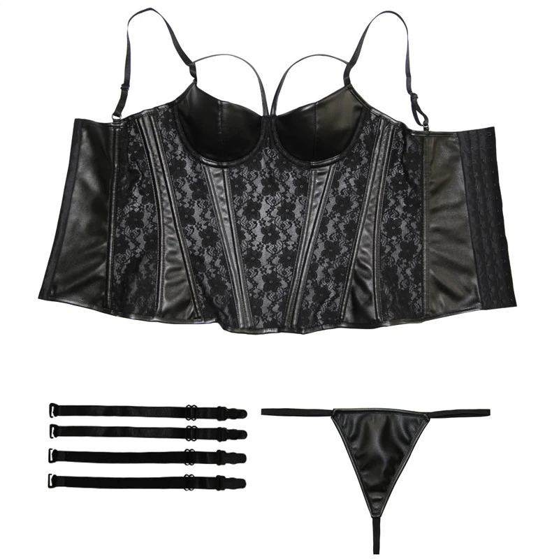 

Lace Women Body Shaper Bustier Plus Size Leather Stitching Sexy Corset Mujer Spaghetti Strap Floral Espartilho Hollow Out AS3447