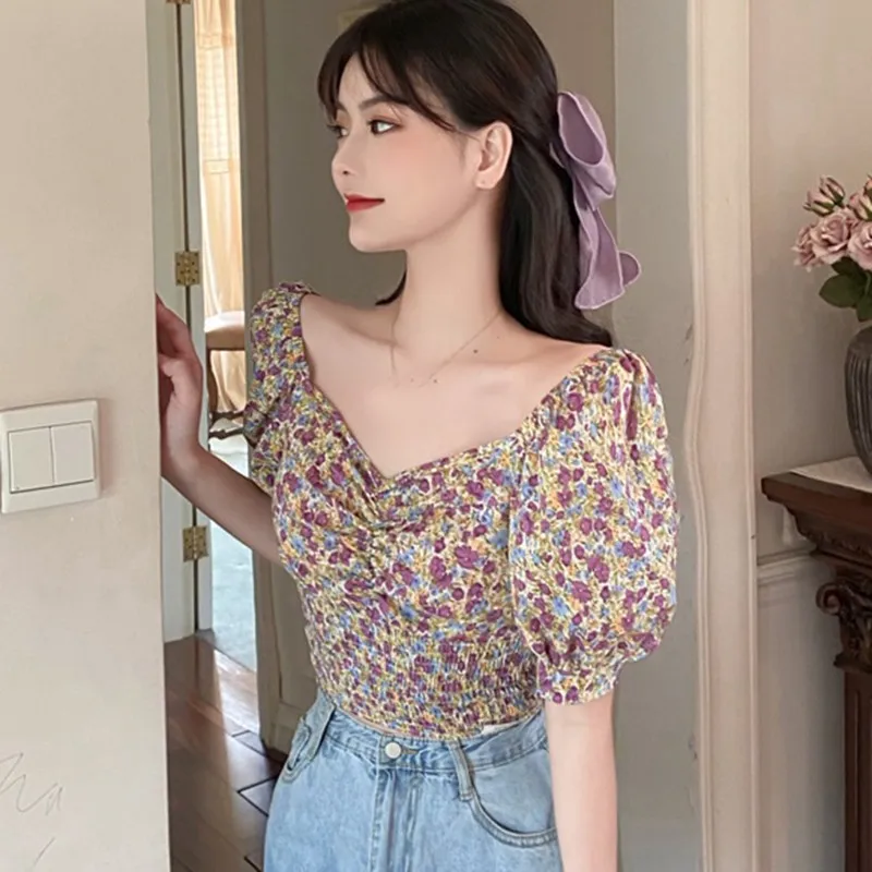 

Женская блузка в Корейском стиле с квадратным воротником, милая винтажная короткая блузка с цветочным принтом для девочек