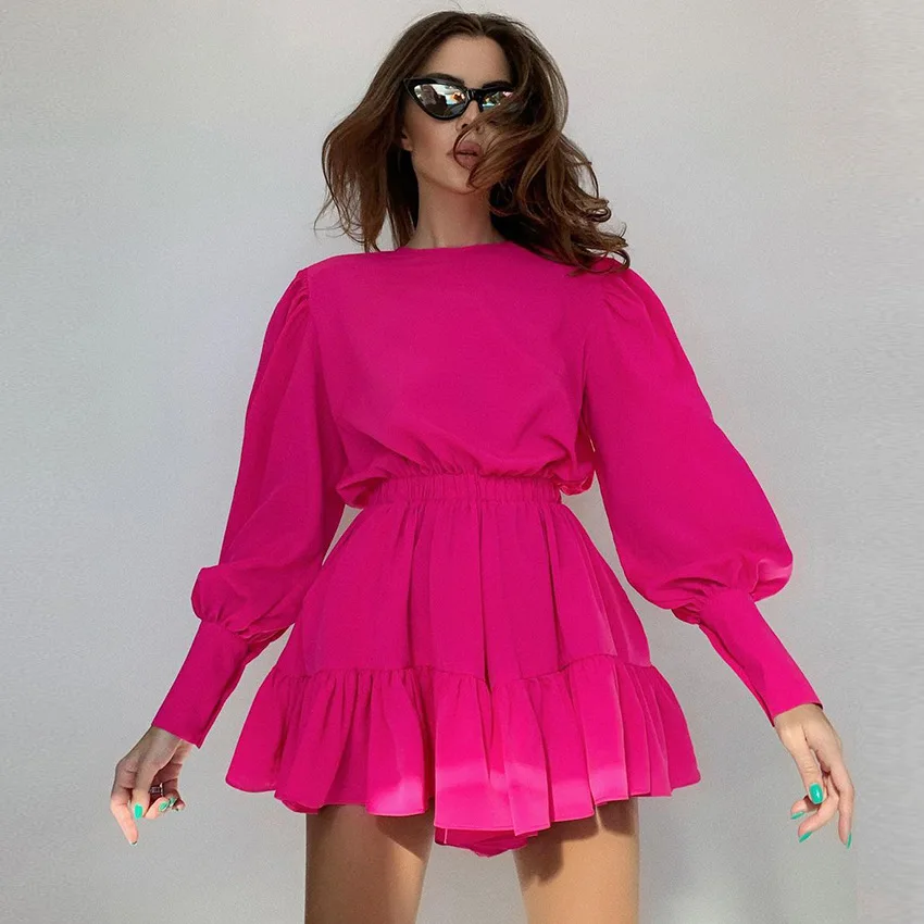 

women Lantern Sleeve solid dresses elegant party Office Lady Patchwork mini dresses for women party dresses
