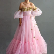 Off the Shoulder Floral Appliques Tulle Pink Prom Dresses With 1/2 Sleeves Long Formal Dress Evening