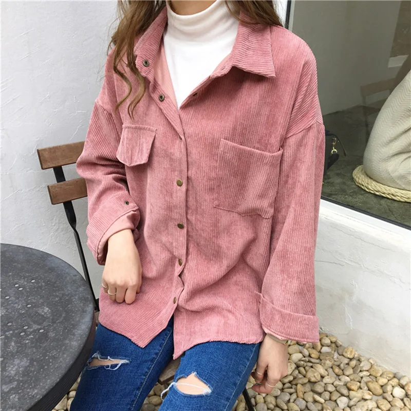 

New Vintage Long Sleeve Shirts Harajuku Spring Autumn Women Solid Batwing Sleeve Blouse Warm Corduroy blouses Ladies Tops