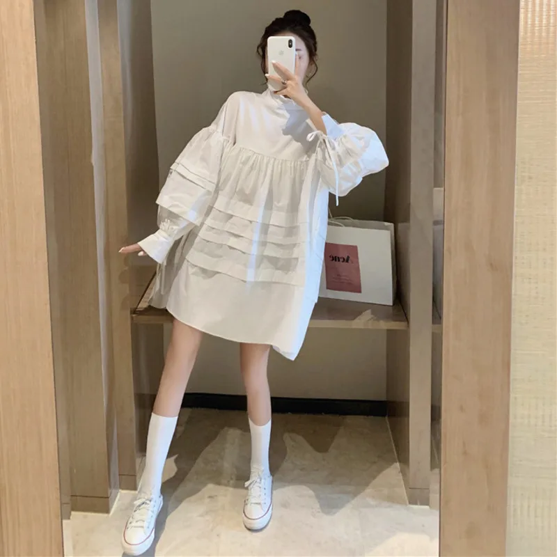 

Женское платье-рубашка с длинным рукавом, белое платье-мини в стиле ретро с высоким воротником и пышными рукавами, осень 2021