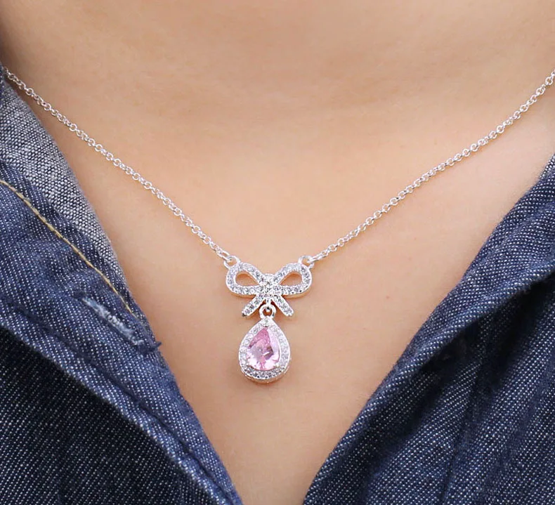 Женское Ожерелье с бантом из серебра 925 пробы розовым кристаллом|Ожерелья| |