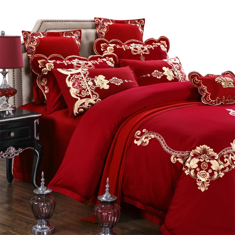 Angel Gold Embroidery Princess Wedding 100% Cotton Bedding Set Luxury Red Duvet Cover Bed Sheet Pillowcases Home Textile | Дом и сад