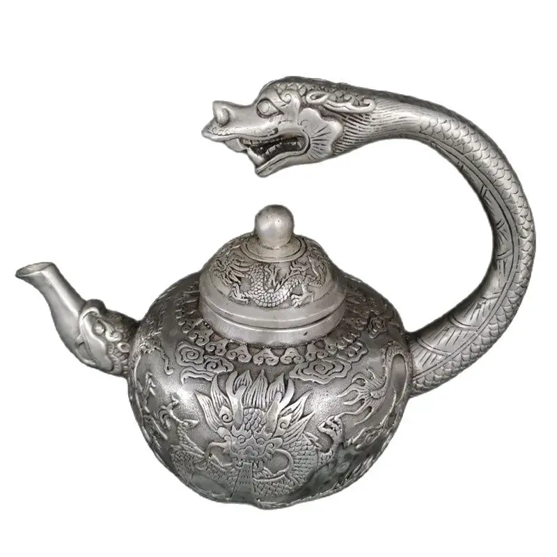 Винный горшок в форме дракона тибетский серебряный резной год | Дом и сад