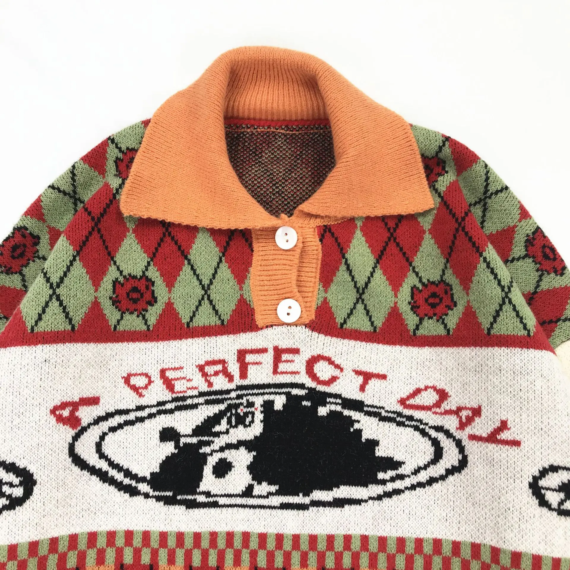 Playful Cartoon Puppy Jacquard Pullover Autumn Fashion Women's Contrast Rhombus Plaid Lapel Knit Warm Sweater | Женская одежда