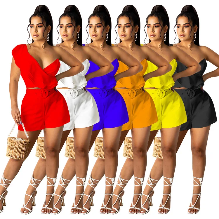 

European and American women's summer solid color wave-edge irregular sleeve sexy casual two-piece suit[Belt not included]