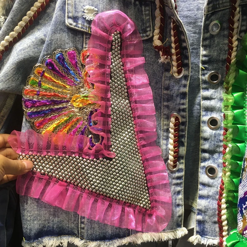 Женские джинсовые куртки в стиле хип-хоп пэчворк с потертостями и имитацией