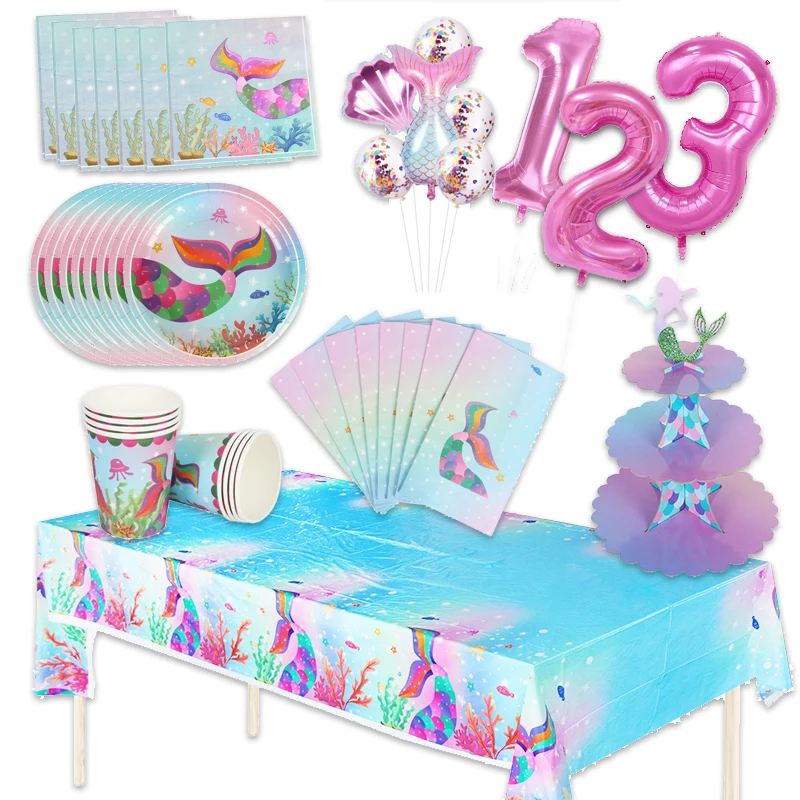 

Mermaid Party Decor Disposable Tableware Set Paper Cup Plate Under The Sea Wedding Birthday Party Decor Kid Baby Shower Supplies