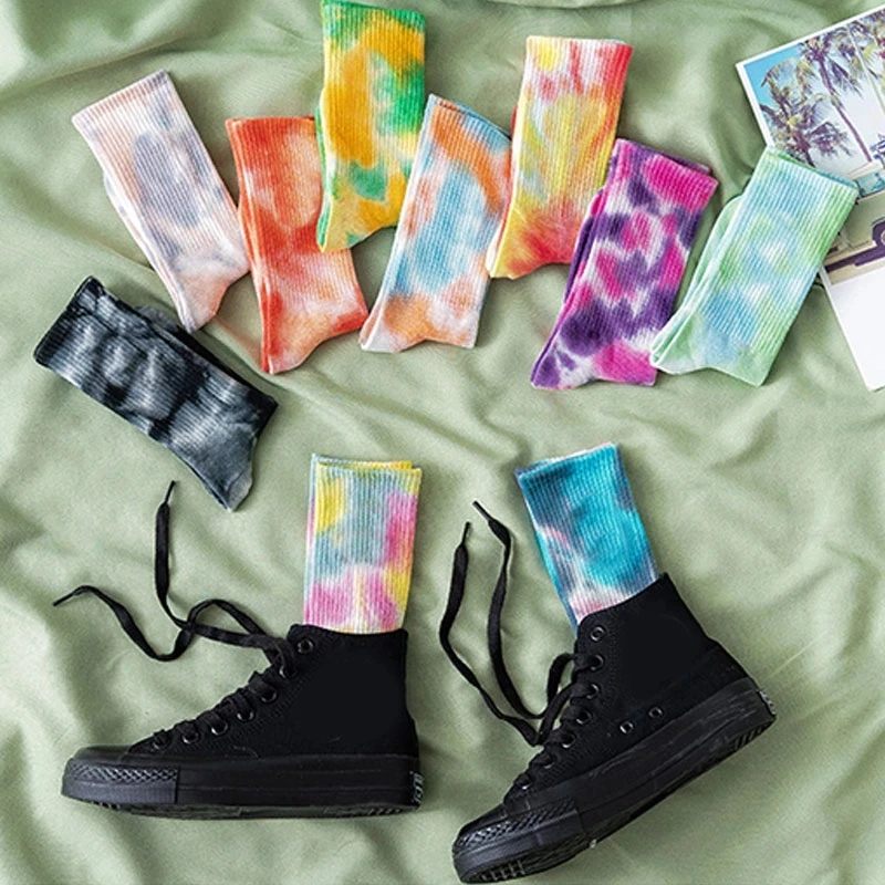 2 Pairs/Pack Socks Men Women's Colorful Tie-dye Cotton Socks Original Trendy Skateboard Socks Athletic Hosiery Ankle Tube Socks