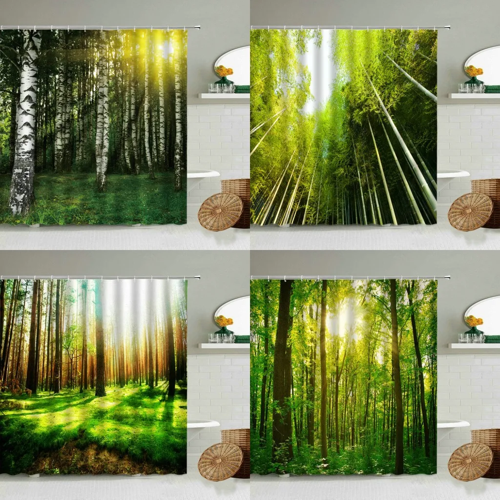 

Forest Trees White Birch Natural Scenery Shower Curtain Sunlight Green Plants Summer Bathroom Wall Decoration Waterproof Screen